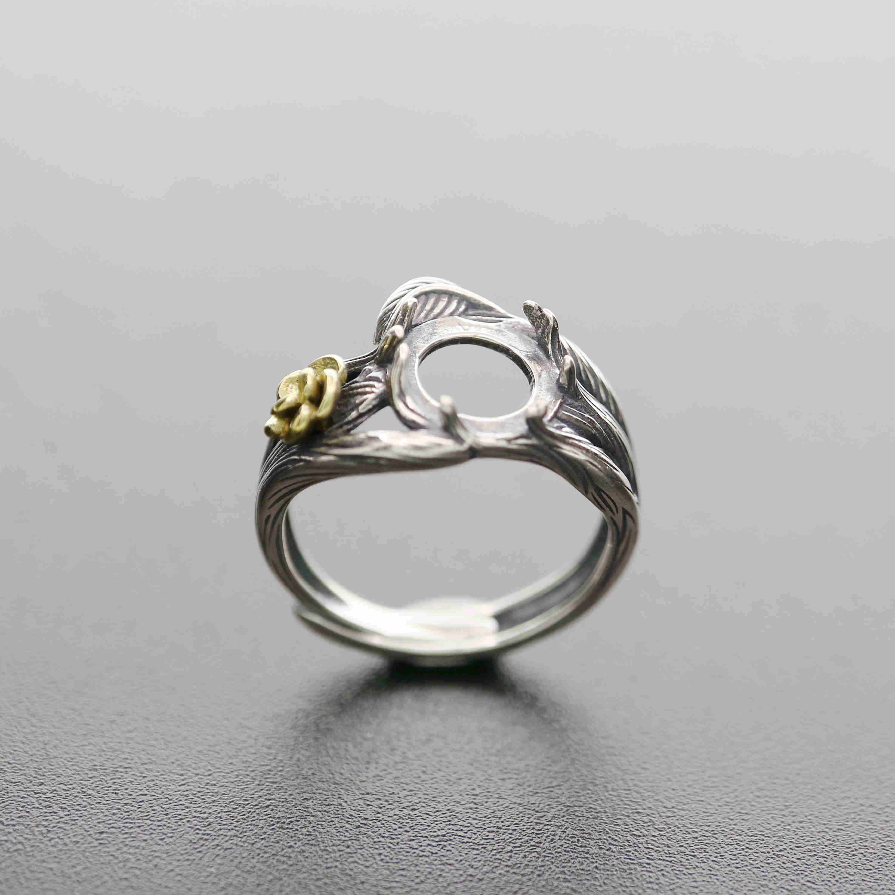 1Pcs 8MM Vintage Style Brass Flower Branch Round Cabochon Bezel Antiqued Solid 925 Sterling Silver Adjustable Ring Settings 1213050 - Click Image to Close